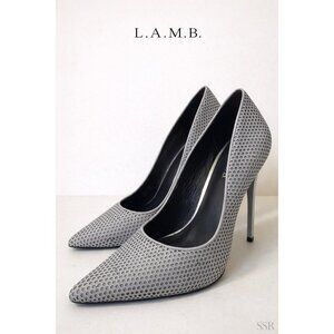 L.A.M.B. Bee Perforated Grey Leather Pumps Pointed Toe Stiletto Heels 8.5 NWOB